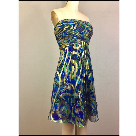 Oleg Cassini Vintage Strapless Mini Dress Silk Blue Gold Lamé Party Prom Size 10 - Picture 1 of 11